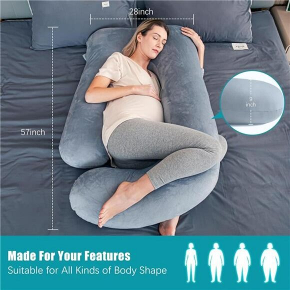U Shaped Pregnancy Pillow Full Body Maternity Sleep Support Grey 57 Inch - Picture 3 of 7